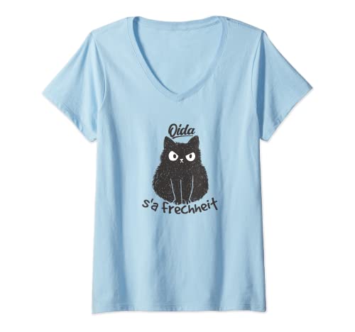 Damen Lustiges Wiener Oida Katzen Design mit verärgerter Katze T-Shirt mit V-Ausschnitt von Ois Oasch Wiener Dialekt Katzen Geschenke