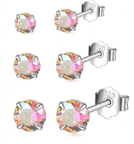 Oivzziy Set von 3 Paar 925 Sterling Silber Regenbogen Kristall Zirkon Ohrstecker Set Ohrringe Schmuck für Frauen Mädchen 3mm 4mm 5mm von Oivzziy