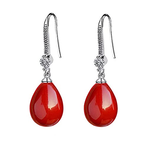 Oivzziy Ohrringe für Damen Perlenohrringe Ohrhänger 925er Sterlingsilber mit Rot Wassertropfen Muschelperle und Österreichischen Zirkonia-Kristalldiamanten Hängende Tropfen Ohrringe von Oivzziy