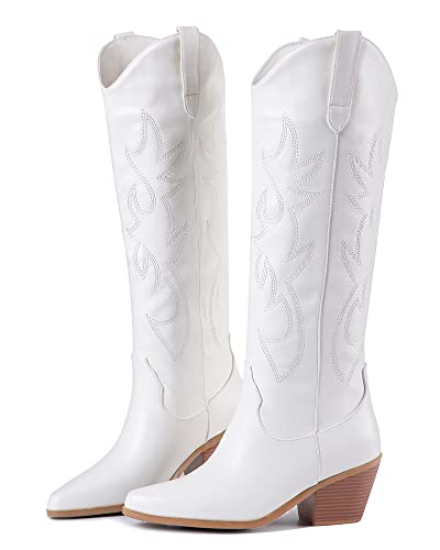 Ojiaoer Weiße Cowgirl-Stiefel, bestickt, kniehoch, Western-Cowboystiefel, bequem, modisch, spitzer Zehenbereich, breiter Absatz, breite Wadenstiefel, Weiss/opulenter Garten, 43 EU von Ojiaoer