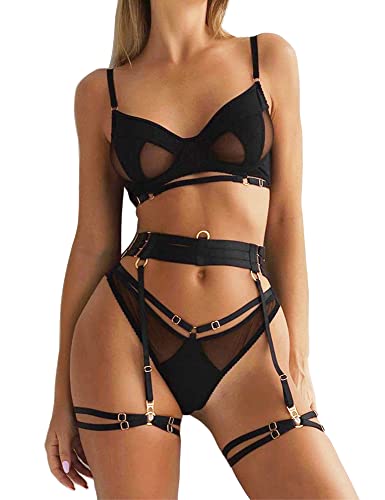 Ojostern Dessous Damen Sexy Unterwäsche Reizwäsche für Frau Strapsen Dessous Sexy Set für Damen mit BH und Slip mit Spitze mit Beinbänder Schwarz XL von Ojostern