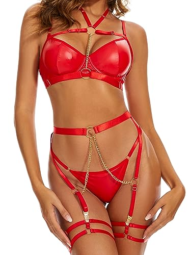 Ojostern Dessous Damen Sexy Unterwäsche für Frau Strapsen Dessous Sexy Set für Damen mit BH und Slip mit Choker mit Strapsen mit Strumpfband Karminrot XL von Ojostern