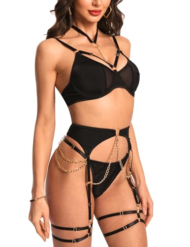 Ojostern Strapsen Dessous Set für Damen Dessous Sexy Unterwäsche Reizwäsche Set mit BH und Slip mit Choker 5-TLG. Schwarz L von Ojostern