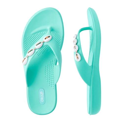 Oka-B Damen Elle Lanie Flip Flop Sandale mit Kaurimuschel-Charms, Sea Glass, 5-6 Oka-B Damen Elle Lanie Flip Flop Sandale mit Kaurimuschel-Charms, Sea Glass, 5-6 von Oka-B