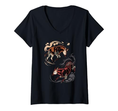 Damen Japanische Kunst Okapi Gut und Böse Wald Giraffe T-Shirt mit V-Ausschnitt von Okapis Lover Gifts