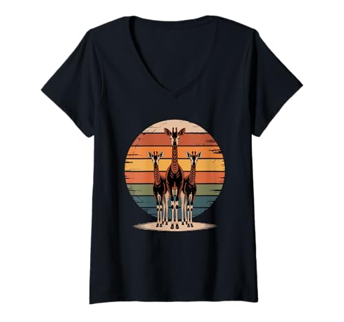 Damen Retro Sonnenuntergang Okapi Silhouette Wald Giraffe T-Shirt mit V-Ausschnitt Damen Retro Sonnenuntergang Okapi Silhouette Wald Giraffe T-Shirt mit V-Ausschnitt von Okapis Lover Gifts
