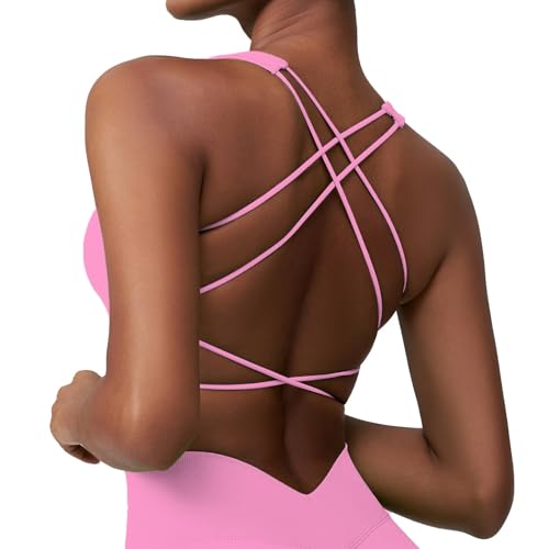 Okdance Damen Sport BH Rückenfrei Spaghetti Zurück Kreuzen Gym Top Geringe Auswirkung Unterstützung für Pilates Yoga Outfit (DE/NL/SE/PL, Alphanumerisch, L, Regular, Regular, Pink) von Okdance