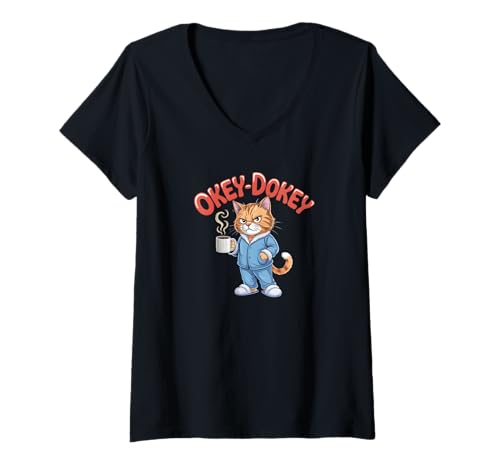 Damen Okey-Dokey Schlafanzug mit Katzen-Motiv, lustiger Morgen-Humor T-Shirt mit V-Ausschnitt Damen Okey-Dokey Schlafanzug mit Katzen-Motiv, lustiger Morgen-Humor T-Shirt mit V-Ausschnitt von Okey Dokey Mornings