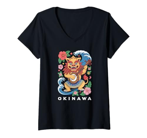 Damen Okinawa Shisa Guardian, Japanisches Volkssouvenir-Design, Löwe T-Shirt mit V-Ausschnitt von Okinawa Shisa Anime Otaku Japan Souvenir Store