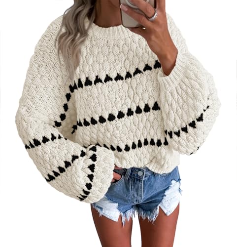 Okiwam Damen-Pullover, langärmelig, Rundhalsausschnitt, gestreift, Farbblock-Pullover, Herbstmode, Übergröße, weicher Zopfstrickpullover, Weiss/opulenter Garten, Mittel Okiwam Damen-Pullover, langärmelig, Rundhalsausschnitt, gestreift, Farbblock-Pullover, Herbstmode, Übergröße, weicher Zopfstrickpullover, Weiss/opulenter Garten, Mittel von Okiwam