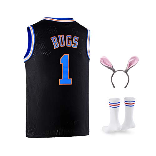 Bugs 1 Space Herren Movie Jersey Basketball Trikot mit Kopfreifen & Socken weiß S-XXL - Schwarz - X-Groß von Oknown