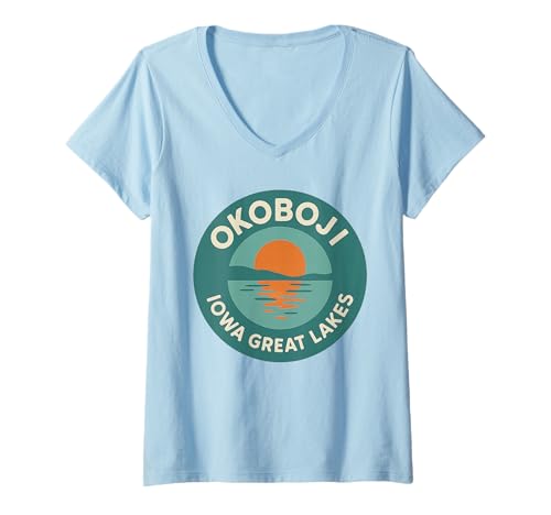 Damen Okoboji Sunset Shirt Iowa Toller Retro-Naturblick T-Shirt mit V-Ausschnitt von Okoboji Sunset Tee Shirts for Iowa Great