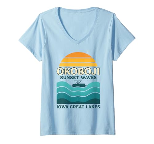 Damen Okoboji Sunset Waves Hemd, Vintage-Stil, Iowa, tolles Boot T-Shirt mit V-Ausschnitt Damen Okoboji Sunset Waves Hemd, Vintage-Stil, Iowa, tolles Boot T-Shirt mit V-Ausschnitt von Okoboji Sunset Waves Tee Shirts for Lake Lovers