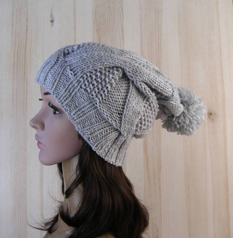 Hellgrau Winter Wolle Handgestrickte Frauen Hut Pom Gestrickte Mütze Für Dicke Grobstrick Slouchy Grau von OksankaKo