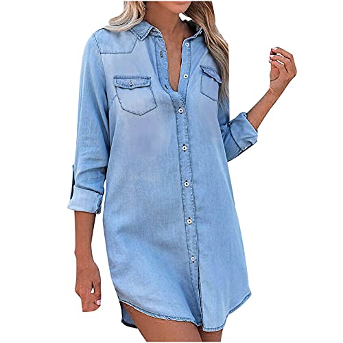 Jeanshemd Damen Lang Oversize Bluse Damen Lang Einfarbig Oberteil Revers Einreiher Bluse Hemdbluse Mit Taschen Casual Langarm Strickjacke Mode Damen Oberteil Freizeithemd Elegante Top von Oksea