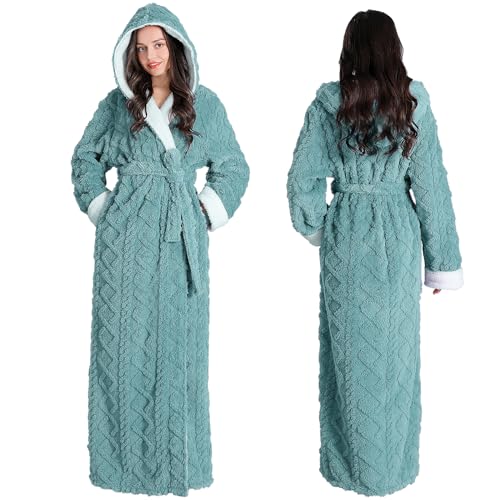 Oksun Bademantel Damen Lang Morgenmantel - Flauschig Weicher mit Kapuze Winter Saunamantel, Kuschelig und Warmer. Größe M, Grün, Jacquard von Oksun