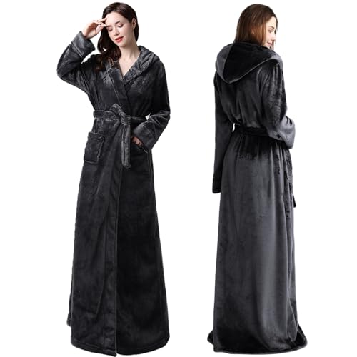 Oksun Bademantel Damen Lang Morgenmantel - Flauschig Weicher mit Kapuze Winter Saunamantel, Kuschelig und Warmer. Größe XL, Grau von Oksun