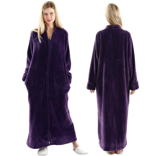 Oksun Bademantel Morgenmantel für Damen Weich Flauschig Kuschelfleece Lang Saunamantel mit Reißverschluss, Größe L, Violett von Oksun