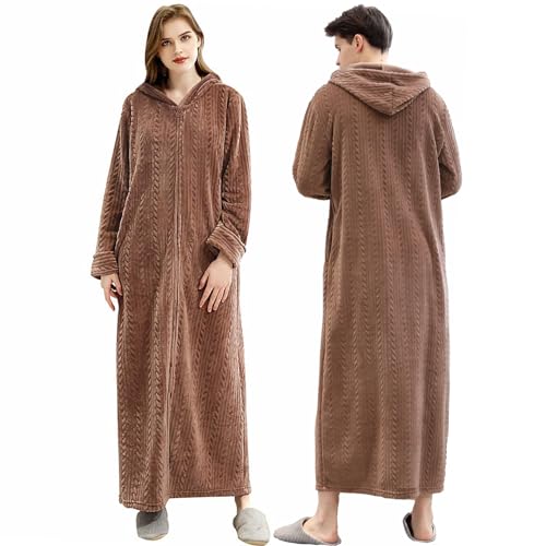 Oksun Bademantel Morgenmantel für Damen Weich Flauschig Kuschelfleece Lang Saunamantel mit Reißverschluss. Kapuzen - Braun, Größe L von Oksun