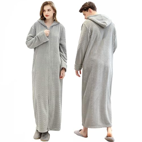 Oksun Bademantel Morgenmantel für Damen Weich Flauschig Kuschelfleece Lang Saunamantel mit Reißverschluss. Kapuzen - Grau, Größe XL von Oksun