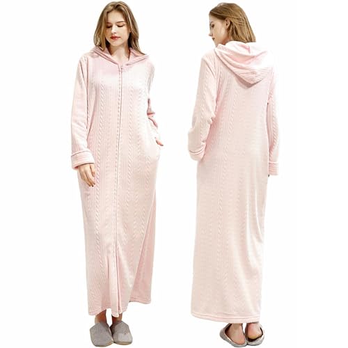 Oksun Bademantel Morgenmantel für Damen Weich Flauschig Kuschelfleece Lang Saunamantel mit Reißverschluss. Kapuzen - Rosa, Größe L von Oksun