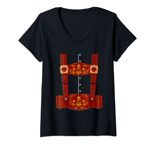 Damen Lederhose Hosenträger Oktoberfest Halloween Bayerische München T-Shirt mit V-Ausschnitt von Oktoberfest 2022 Bavarian Traditional Costume