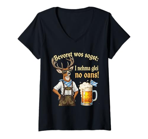 Damen Bevorst WOS sogst: I nehma glei no oans! Oktoberfest Hirsch T-Shirt mit V-Ausschnitt Damen Bevorst WOS sogst: I nehma glei no oans! Oktoberfest Hirsch T-Shirt mit V-Ausschnitt von Oktoberfest Bier Hirsch Bayrisch Kollektion