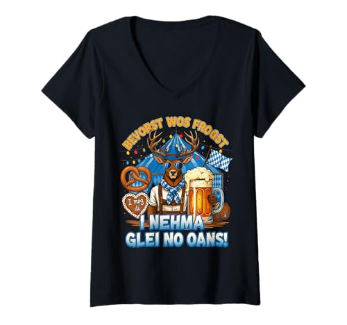 Damen Bevorst WOS sogst: I nehma glei no oans! Wiesn T-Shirt mit V-Ausschnitt Damen Bevorst WOS sogst: I nehma glei no oans! Wiesn T-Shirt mit V-Ausschnitt von Oktoberfest Bier Hirsch Bayrisch Kollektion
