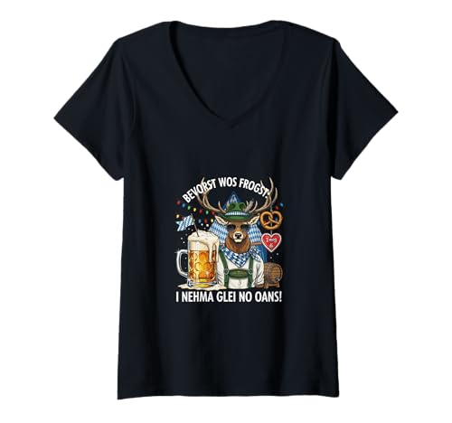 Damen Bevorst WOS sogst: I nehma glei no oans! Wiesn T-Shirt mit V-Ausschnitt Damen Bevorst WOS sogst: I nehma glei no oans! Wiesn T-Shirt mit V-Ausschnitt von Oktoberfest Bier Hirsch Bayrisch Kollektion