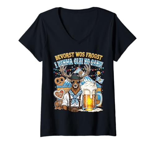 Damen Bevorst WOS fragst I nehma glei no oans! Oktoberfest Tracht T-Shirt mit V-Ausschnitt Damen Bevorst WOS fragst I nehma glei no oans! Oktoberfest Tracht T-Shirt mit V-Ausschnitt von Oktoberfest Bier Hirsch Bayrisch Party