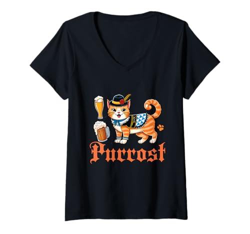 Damen Oktoberfest Prost Wortspiel Purrost Katze Deutschland Bierfest T-Shirt mit V-Ausschnitt Damen Oktoberfest Prost Wortspiel Purrost Katze Deutschland Bierfest T-Shirt mit V-Ausschnitt von Oktoberfest Prost Pun Purrost Cat Germany Beer