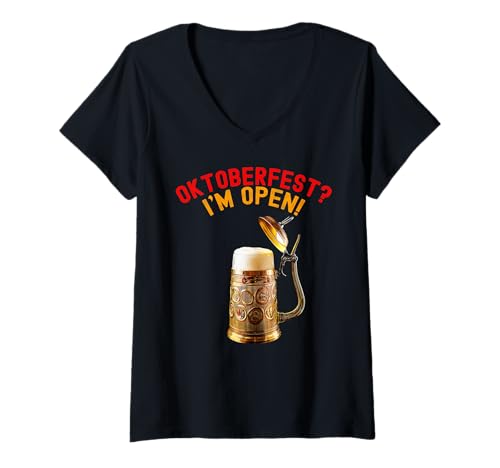 Damen Oktoberfest? I'm Open Old Beer Mug Lustiges Oktoberfest Kostüm T-Shirt mit V-Ausschnitt von Oktoberfest Pubbing & Clubbing