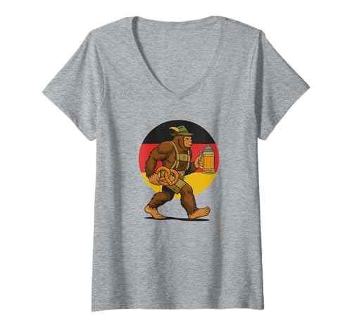 Damen Oktoberfest Sasquatch Deutsche Bierbrezel Lustig Bigfoot T-Shirt mit V-Ausschnitt von Oktoberfest Sasquatch Beer Pretzel Lederhosen