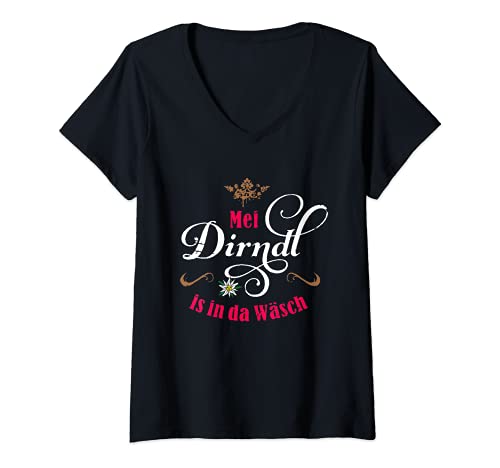 Damen Geschenk Blumen Dirndl Outfit - Mei Dirndl is in der wäsch T-Shirt mit V-Ausschnitt Damen Geschenk Blumen Dirndl Outfit - Mei Dirndl is in der wäsch T-Shirt mit V-Ausschnitt von Oktoberfest Schützenfest Wiesn Party Bier Outfit