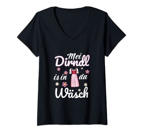 Damen Oktoberfest - Mei Dirndl is in da Wäsch -Dirndl T-Shirt mit V-Ausschnitt von Oktoberfest Trachten & Dirndl Mode