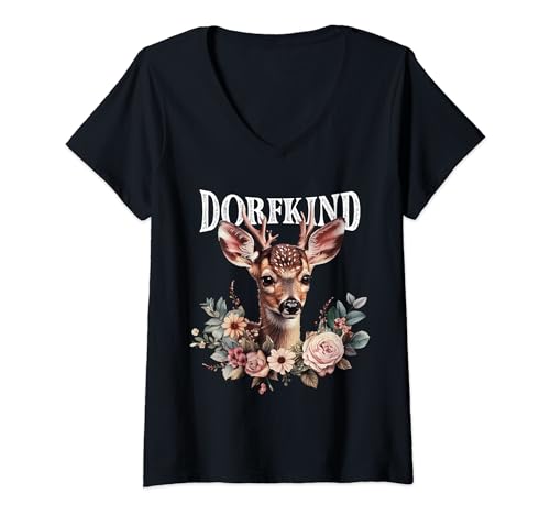 Damen Dorfkind Rehkitz Tracht Trachtenshirt Dirndl Oktoberfest T-Shirt mit V-Ausschnitt von Oktoberfestoutfits für Damen & Mädchen Reh & Kitz