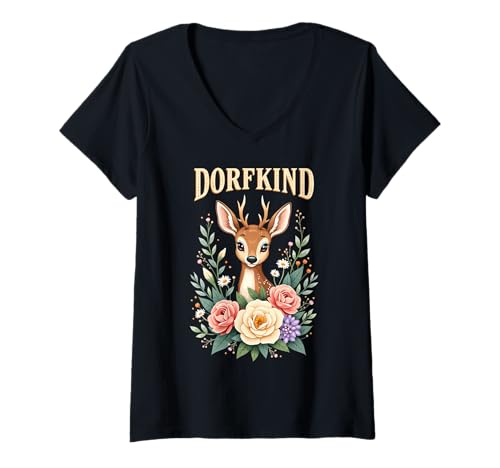 Damen Dorfkind Rehkitz Tracht Trachtenshirt Dirndl Oktoberfest T-Shirt mit V-Ausschnitt von Oktoberfestoutfits für Damen & Mädchen Reh & Kitz