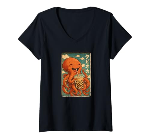 Damen Oktopus drinkt Bubble Tea Japanisches Vintage T-Shirt mit V-Ausschnitt Damen Oktopus drinkt Bubble Tea Japanisches Vintage T-Shirt mit V-Ausschnitt von Oktopus Bubble Tea Retro Kawaii Shop