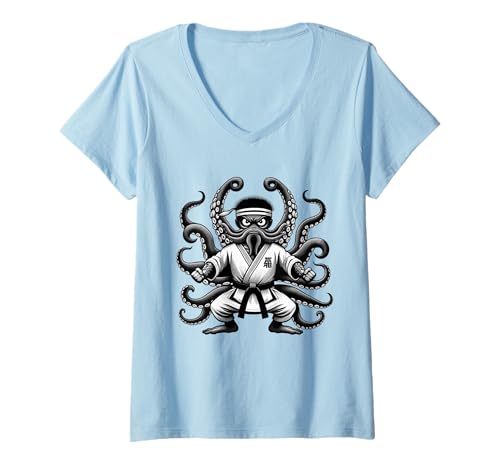 Damen Karate Octopus - Schwarzer Gürtel in Allen acht Gliedmaßen T-Shirt mit V-Ausschnitt Damen Karate Octopus - Schwarzer Gürtel in Allen acht Gliedmaßen T-Shirt mit V-Ausschnitt von Oktopus -Dab -Tanz