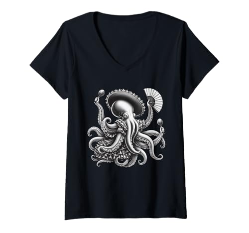 Damen Pulpo Flamenco - Tanztanzen mit Castanets und Lüfter T-Shirt mit V-Ausschnitt Damen Pulpo Flamenco - Tanztanzen mit Castanets und Lüfter T-Shirt mit V-Ausschnitt von Oktopus Dab Tanz
