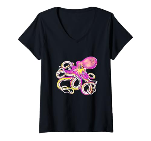 Damen Oktopus Kraken Tintenfisch Tentakel Kalmare Octopus T-Shirt mit V-Ausschnitt von Oktopus Kraken - Geschenk Geburtstag Weihnachten