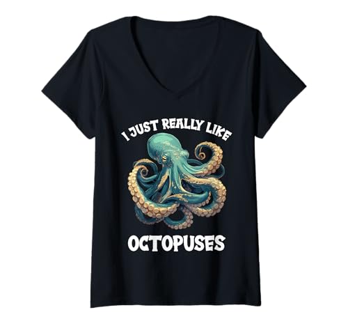 Damen Oktopus Kraken Krake T-Shirt mit V-Ausschnitt von Oktopus Kraken Krake Tier Shop
