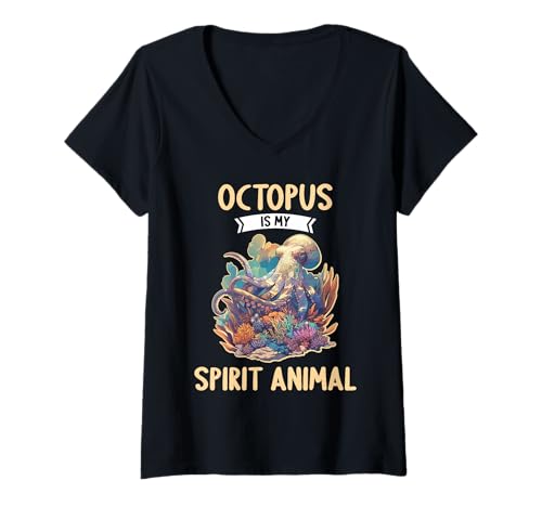 Damen Oktopus Kraken Krake T-Shirt mit V-Ausschnitt von Oktopus Kraken Krake Tier Shop