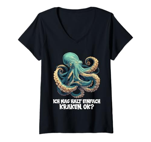 Damen Oktopus Kraken Krake T-Shirt mit V-Ausschnitt von Oktopus Kraken Krake Tier Shop