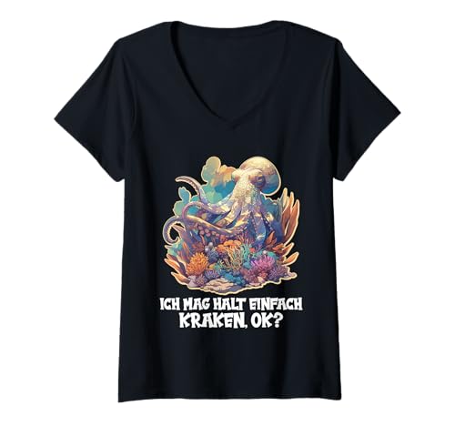 Damen Oktopus Kraken Krake T-Shirt mit V-Ausschnitt von Oktopus Kraken Krake Tier Shop