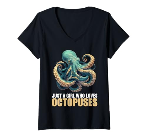 Damen Oktopus Kraken Krake T-Shirt mit V-Ausschnitt von Oktopus Kraken Krake Tier Shop