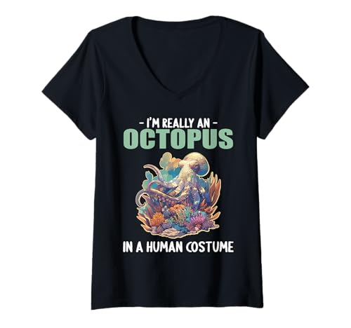 Damen Oktopus Kraken Krake T-Shirt mit V-Ausschnitt von Oktopus Kraken Krake Tier Shop