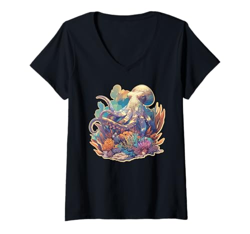 Damen Oktopus Kraken Krake T-Shirt mit V-Ausschnitt von Oktopus Kraken Krake Tier Shop
