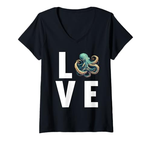 Damen Oktopus Kraken Krake T-Shirt mit V-Ausschnitt von Oktopus Kraken Krake Tier Shop