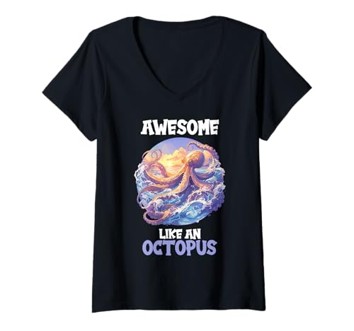 Damen Oktopus Kraken Krake T-Shirt mit V-Ausschnitt von Oktopus Kraken Krake Tier Shop